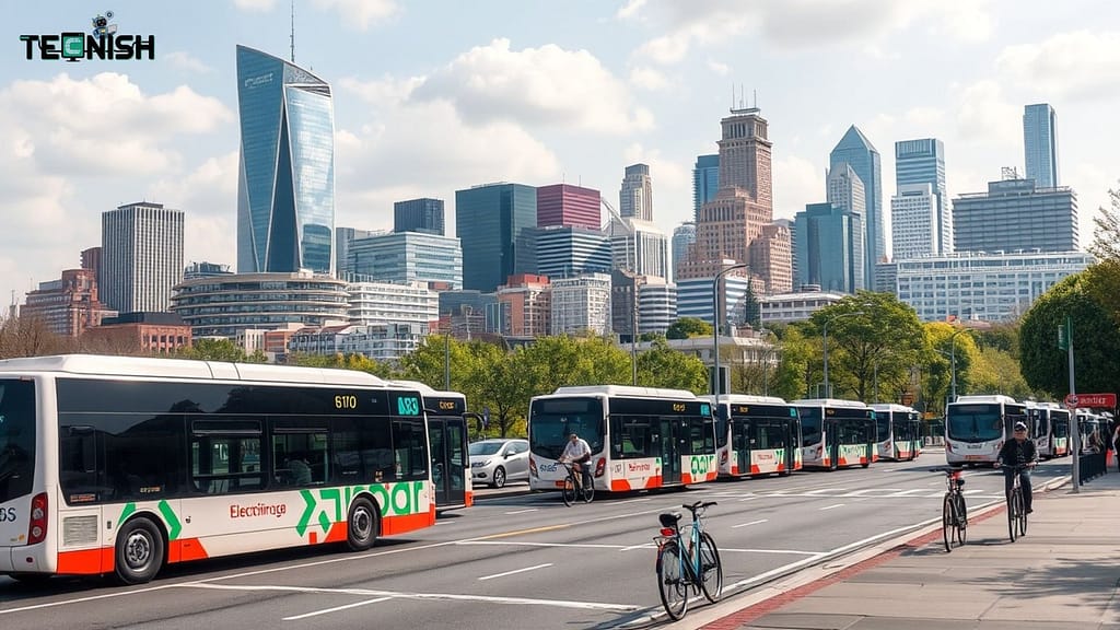 AI-powered smart city with electric vehicles and sustainable transport in motion AI Drives Sustainable Efficiency in Automotive & Electric Vehicle